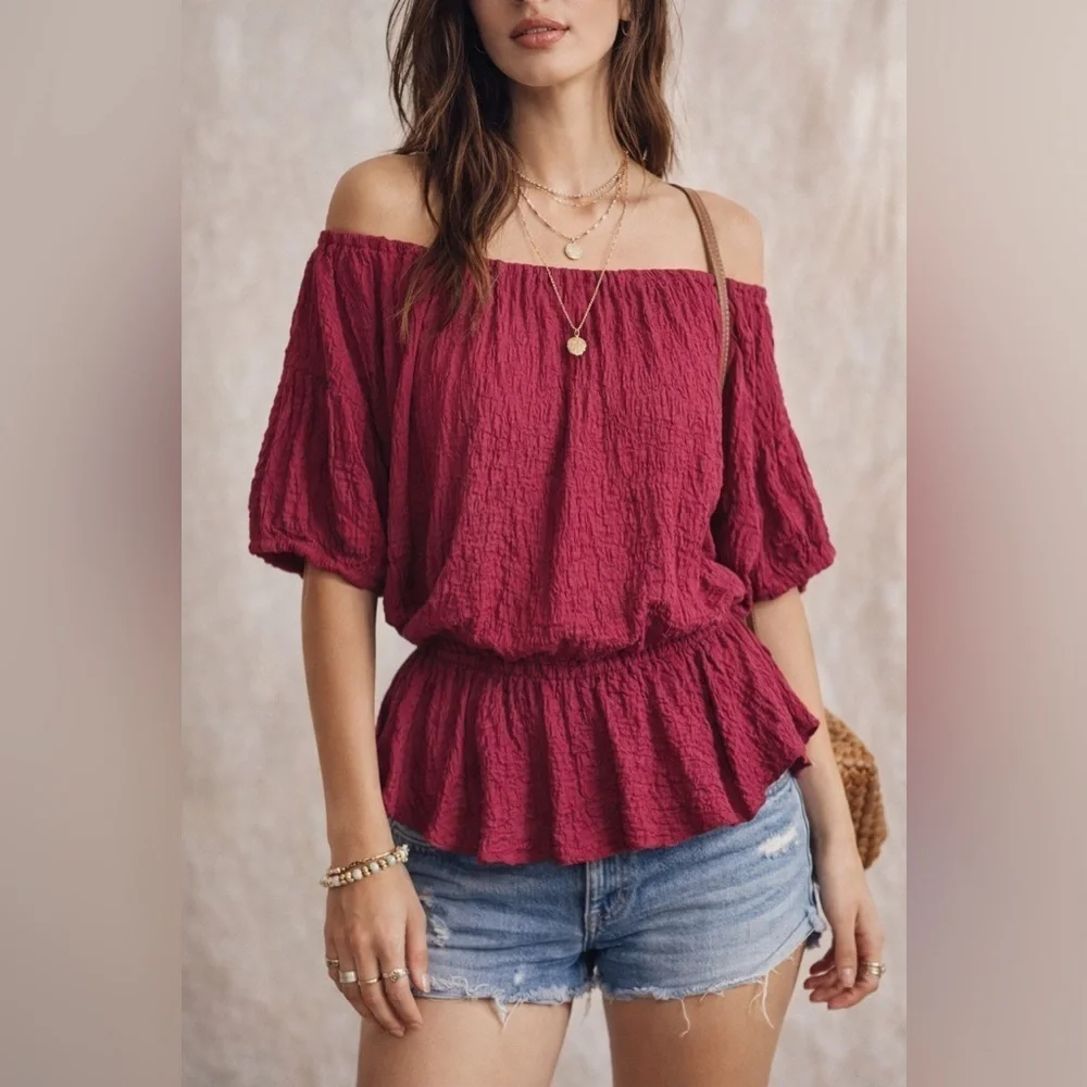 Free People Womens Shades of Cool Top XS Washed Berry Smocked Off Shoulder Shirt